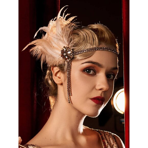 1920s Flapper Headband Rhinestone Pearl Feather Gatsby Party Accessory - Picture 4 of 7
